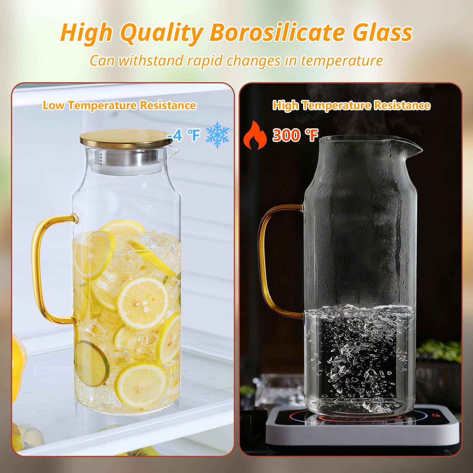 Lot de 2 pichets en verre de 2 litres avec couvercle et bec verseur, carafe à eau en verre pour réfrigérateur, carafe en verre pour eau chaude/froide, grande carafe pour thé glacé, café, jus et