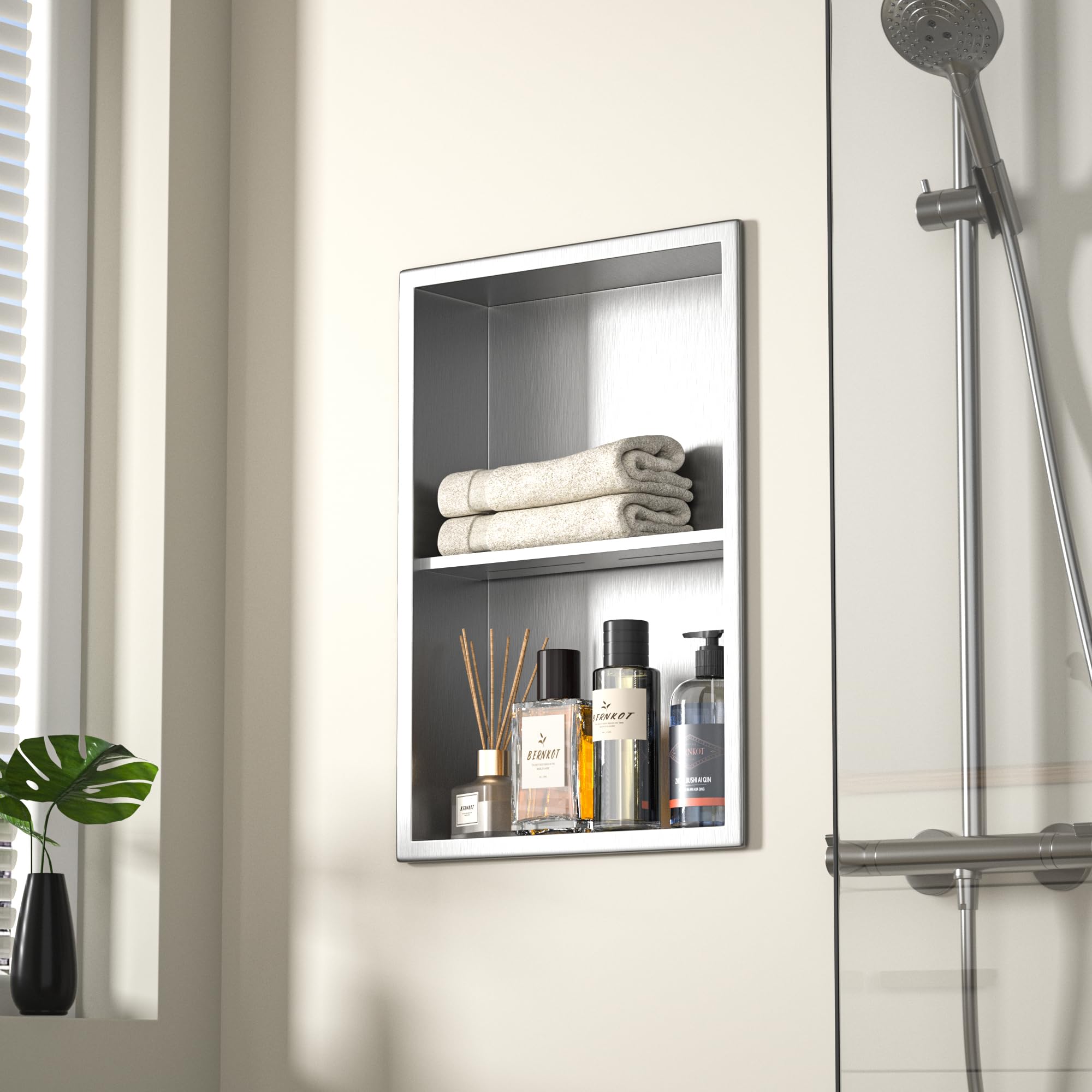 Ducha de acero inoxidable cepillado, 45 x 30 cm, estantes dobles, almacenamiento fuerte, ideal para la renovación y rehabilitación del baño, sin azulejos, nicho de pared con montaje en árbol