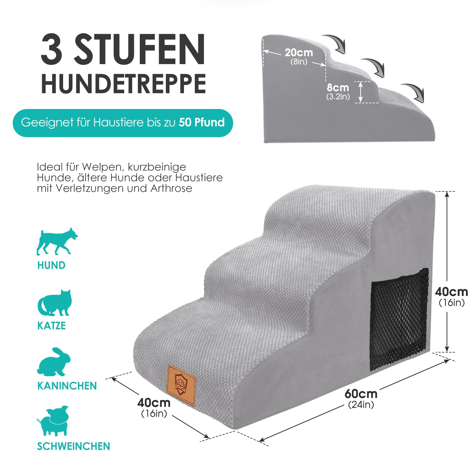 Myiosus Escalera para Perros y Gatos de 3 Peldaños, Escalera para Mascotas Pequeños, Esponja de Alta Densidad para Sofá Cama