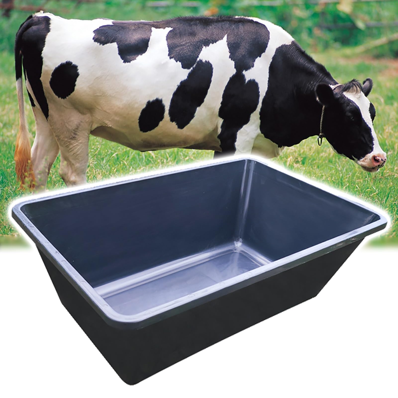 Futtertrog für Kühe, Pferde, Schafe, Schweine und Ziegen im Freien, Futtertrog für Weide und Geflügel mit tiefer Rille, Heu-/Trink-/Futtertrog-System aus Kunststoff (Schwarz)