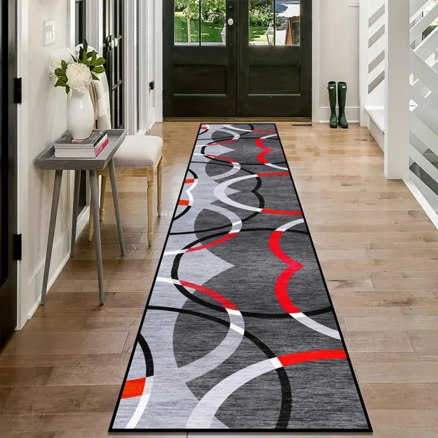 USHIRUG Modern Runner Rug,60x300cm, Grey and Red Abstract Geometric Circle Print Long Corridor Carpet Washable Hallway Rug Runners, Non-Slip Floor Mats for Kitchen Living Room Corridor Entrywa Door
