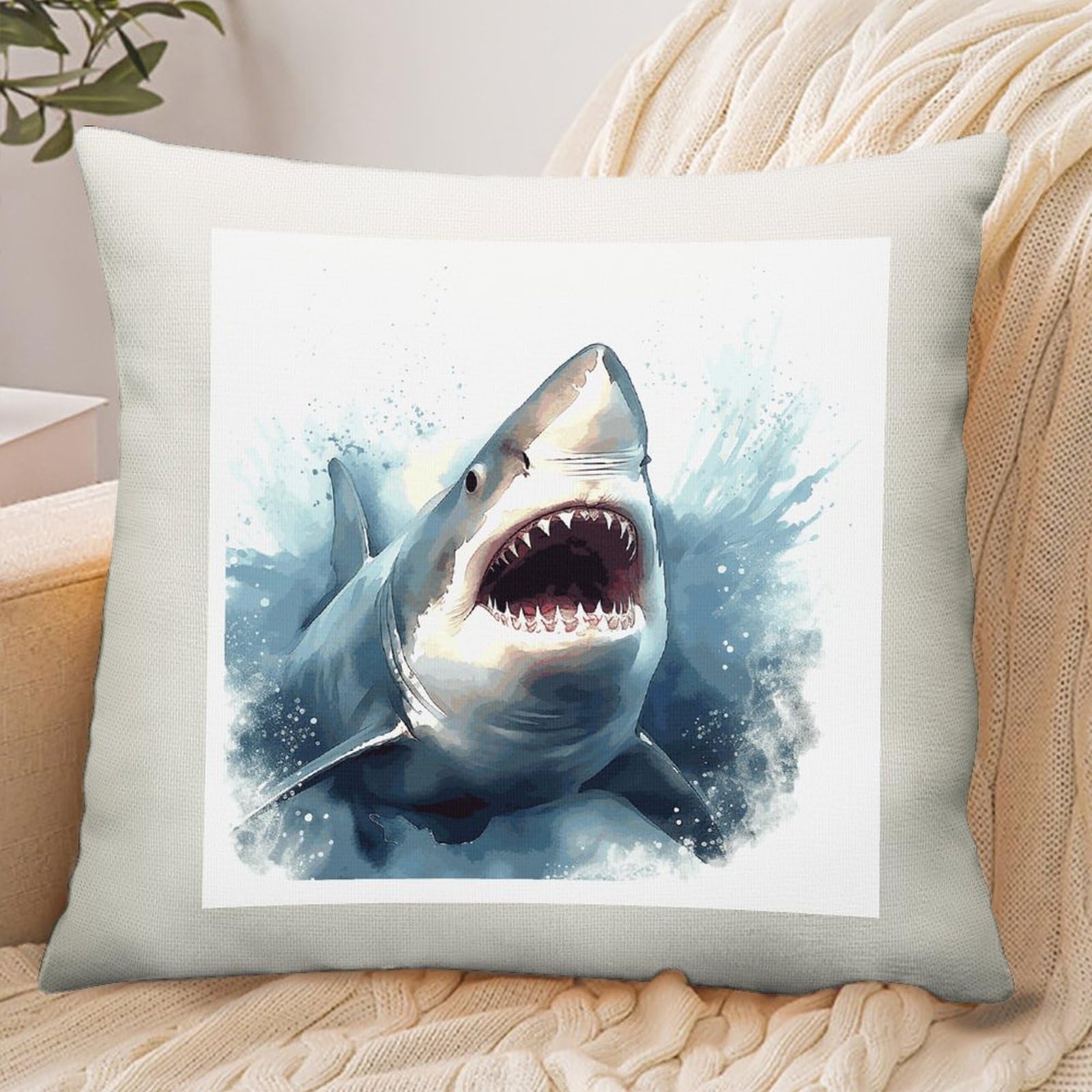 Adfgyerh Style Shark In The Sea Pillow Cover Breathable,Pillowcases Boho Decorative Envelope Closure,Throw Pillow Covers For Beach,Patio,Balcony,Couch Living Room 18 * 18In