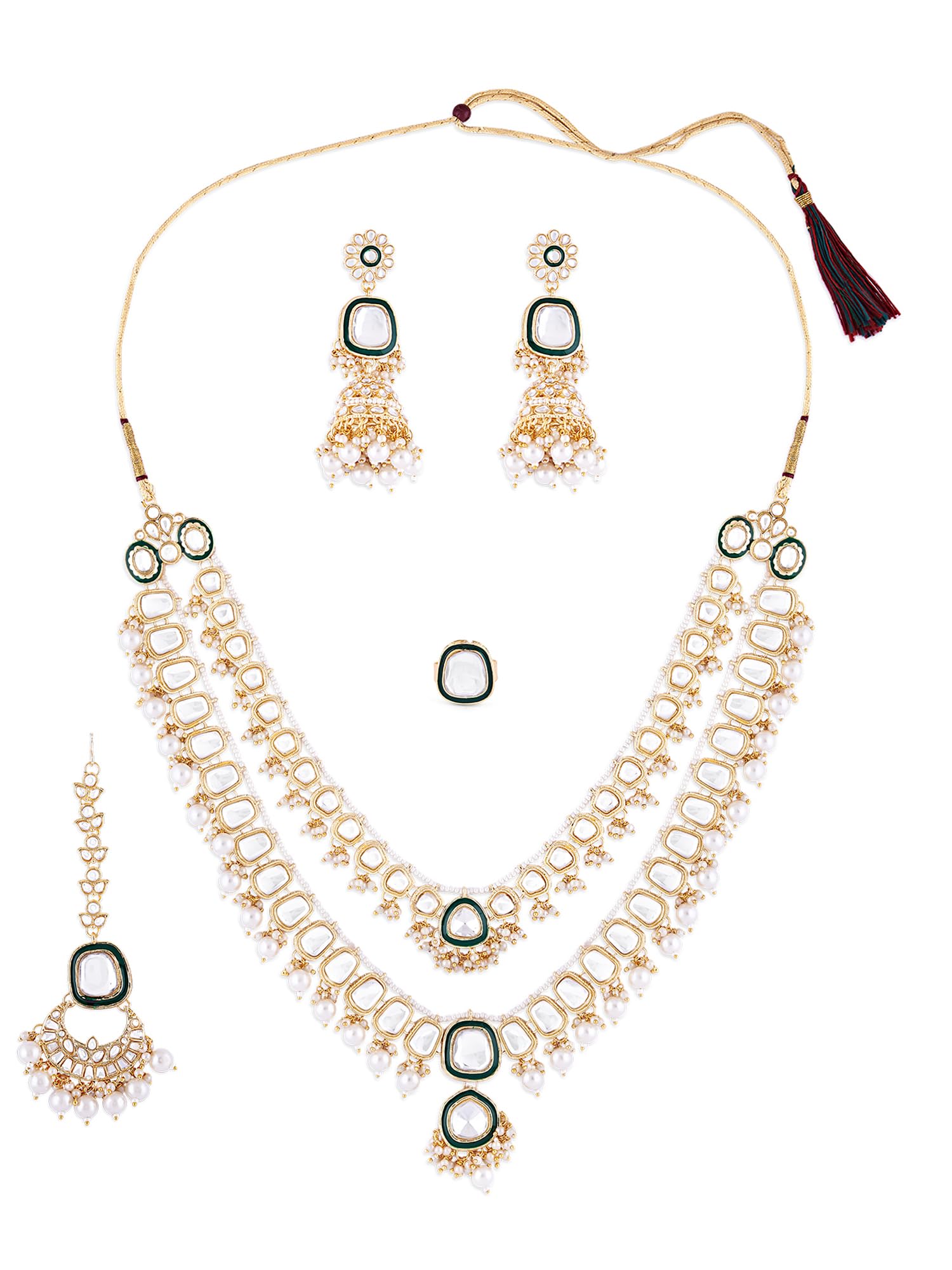 ZAVERI PEARLS Green Meenakari Dazzling Kundan Layered Bridal Necklace Earring Maangtikka & Ring Set For Women-ZPFK16094 (B0C4TWZFML) Amazon Price History, Amazon Price Tracker