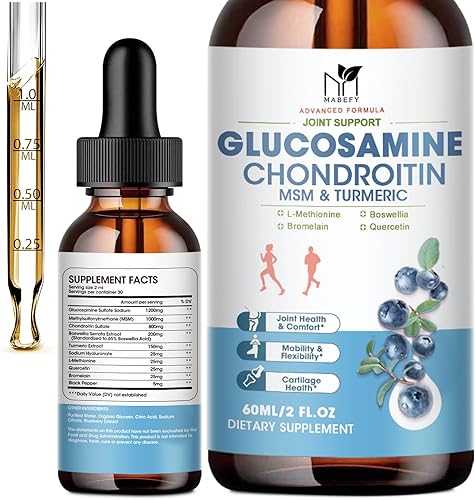 Gotas líquidas de glucosamina condroitina MSM con cúrcuma boswellia quercetina bromelina, vegano, soporte antioxidante para espalda, rodilla, manos