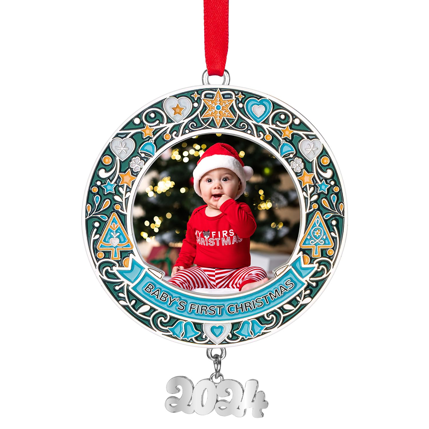 Baby‘s First Christmas Photo Ornament 2024, Personalized Baby Boy Girl First Christmas Ornament, Xmas Tree Hang Decoration, Keepsake Newborn Baby Picture Ornaments Blue