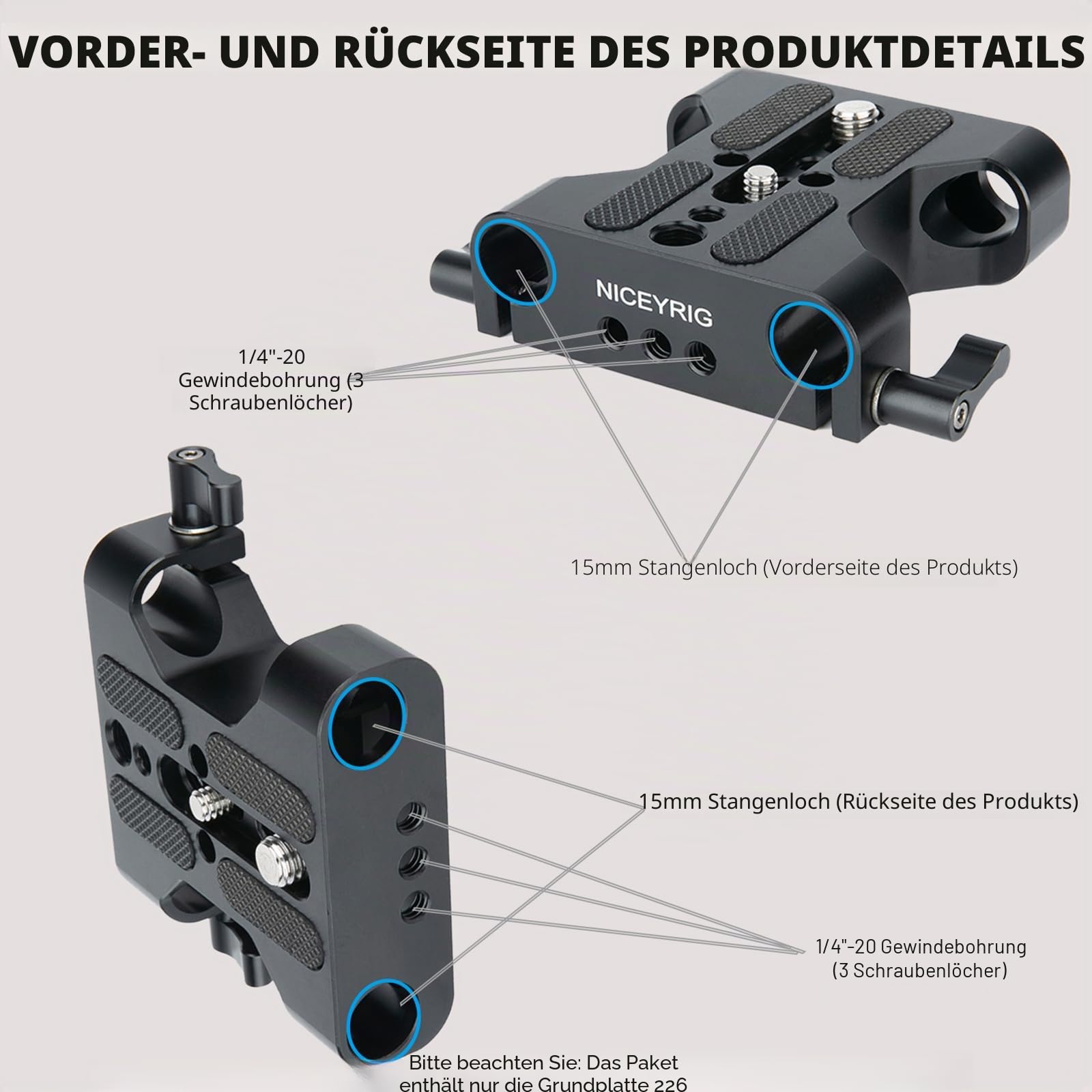 NICEYRIG Mehrzweckkamera Grundplatte mit 15 mm Stangenschienenklemme für das DSLR Rig Support System