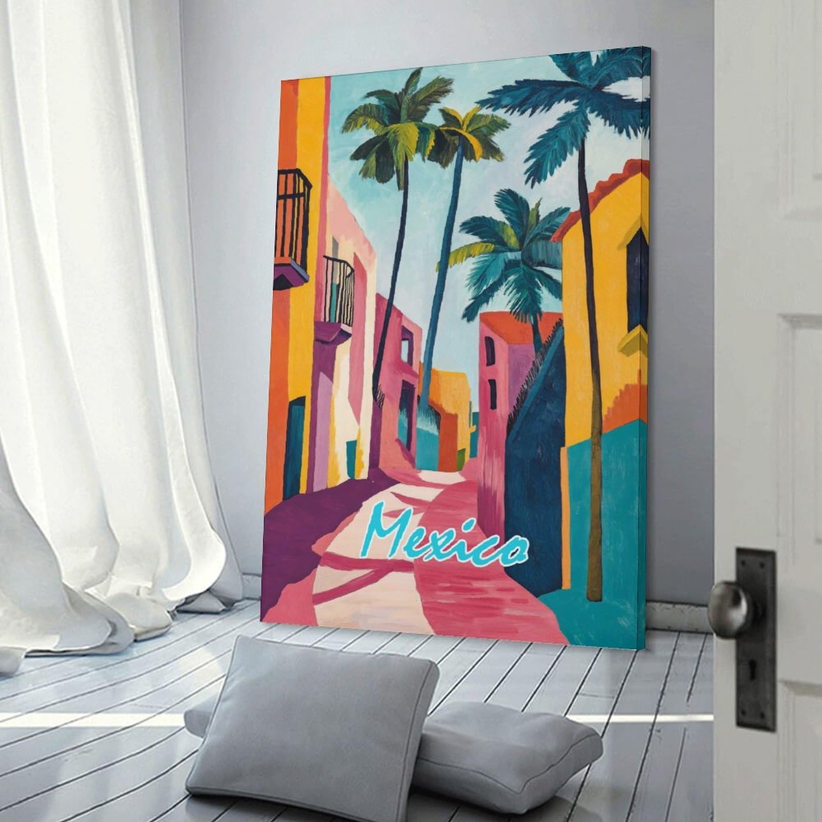 Junmoney Mexico Street Scene Canvas Art Print 20x30inch(50x75cm), for Entrance Spaces, Stair Walls Or Halls, Wall Decor to Refresh Empty Corners