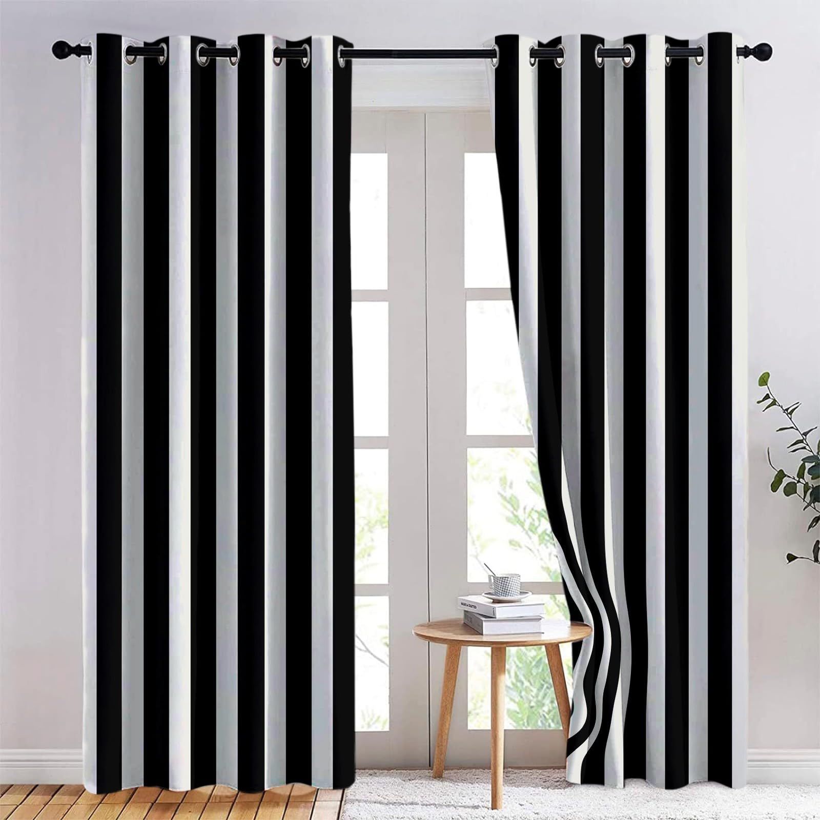 Genérico Rayas Verticales En Blanco Y Negro Cortinas Opacas térmicas Que bloquean la luz, Rayas Muaré Cortinas Opacas con Ojales para Dormitorio y Sala de Estar 140 x 245 cm (2 Paneles)