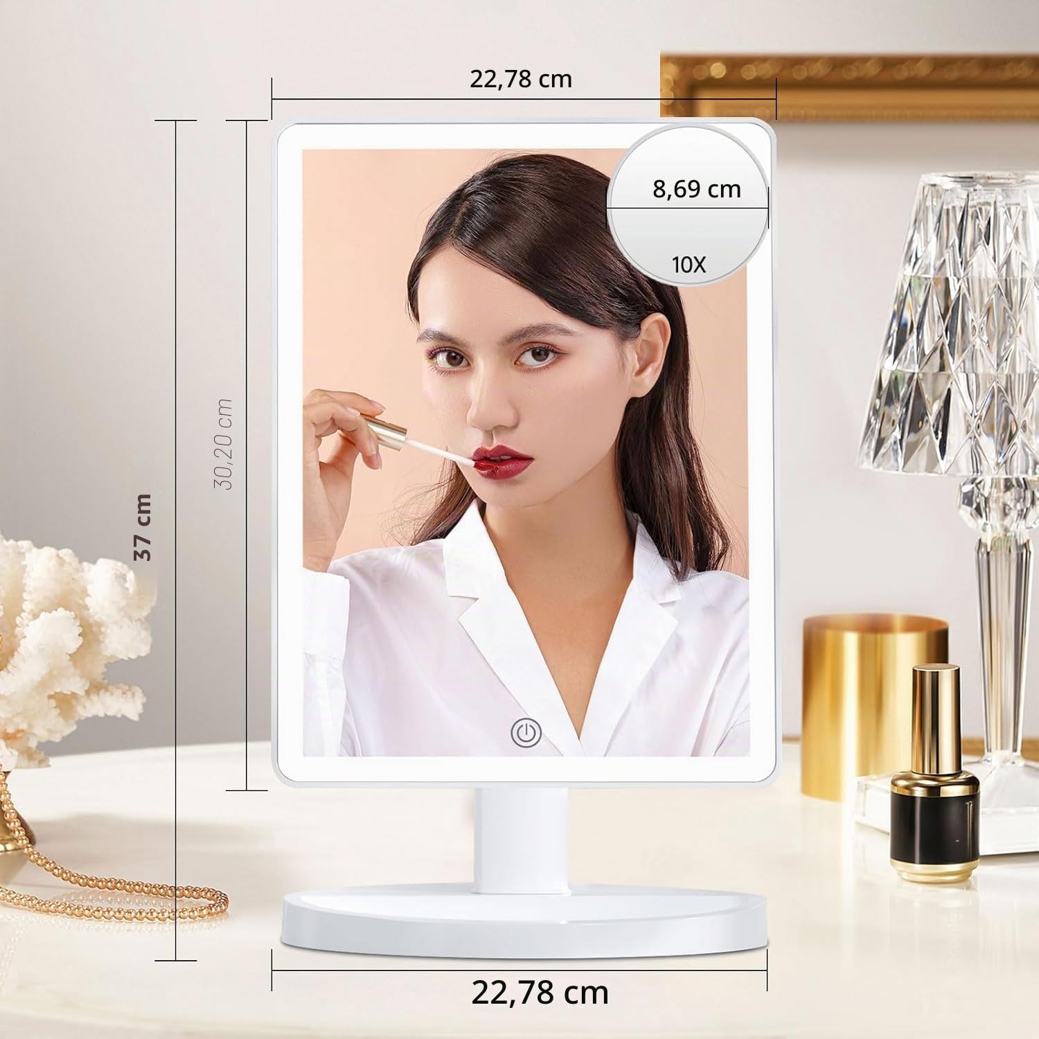 FUNTOUCH - Specchio grande per trucco illuminato con 88 LED, touch screen rotante a 360°, ingrandimento 10x, specchio cosmetico portatile da tavolo per il trucco