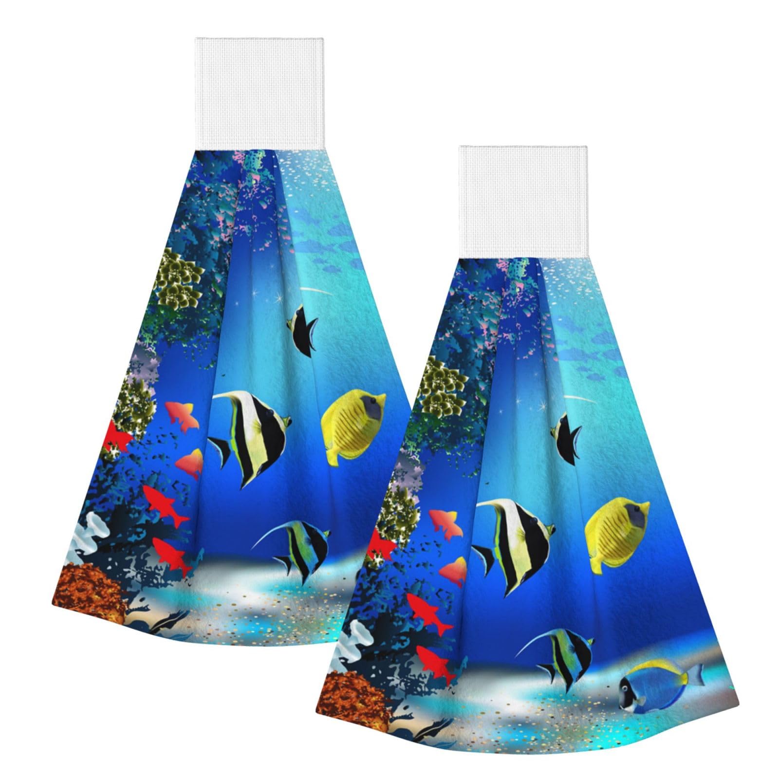 DOPKLNA Fish Plants Tropical Marine Nature Life Seaweed, 2 Pcs Hanging Coral Fiber Hand Towels for Bathroom, Absorbent Kitchen Towels