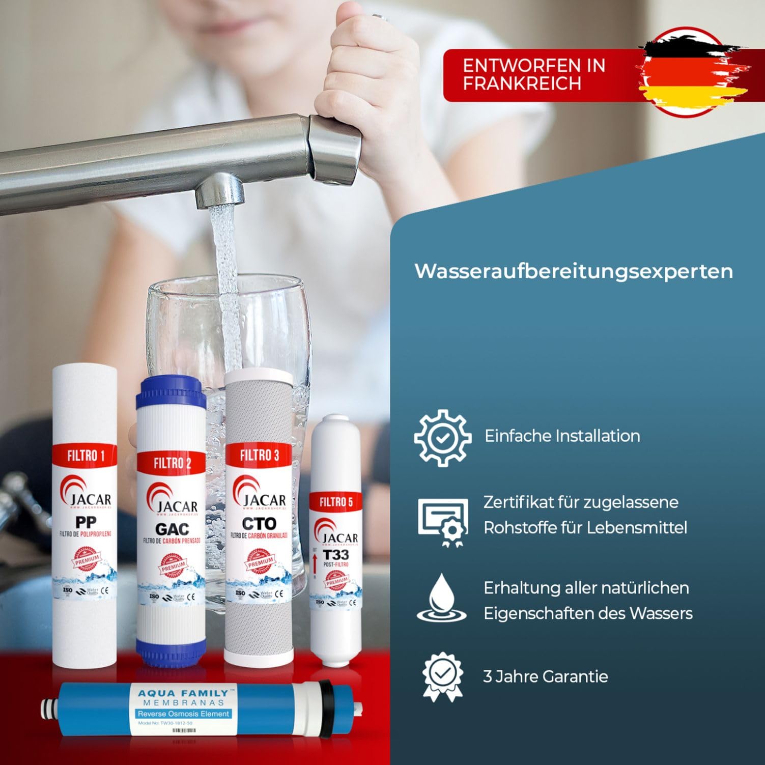 5 Stufen Umkehrosmose Filter Set mit 50 GPD Membran Osmoseanlage Filter Ersatzfilter Kompatibel 99% Systeme Osmose 10 Zoll Wasserfilter Effektive Filterleistung kokosnuss Qualität von JACAR