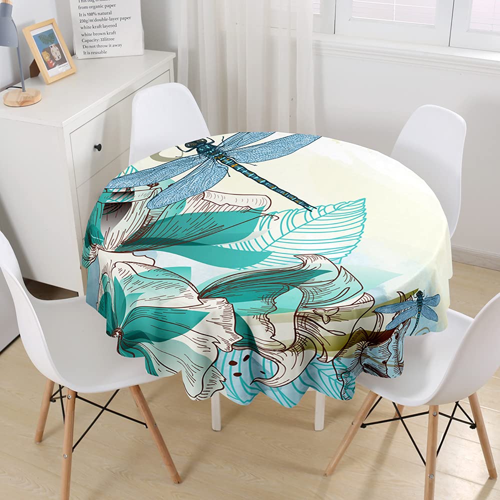 Highdi Nappe Ronde Anti Tache, 3D Libellule Imprimer Impermeable Nappe De Table De Décoration Pour Cuisine Picnic Party Jardin Table Protection Tables Pour Restaurants (Fleur Rose,Diamètre 160cm