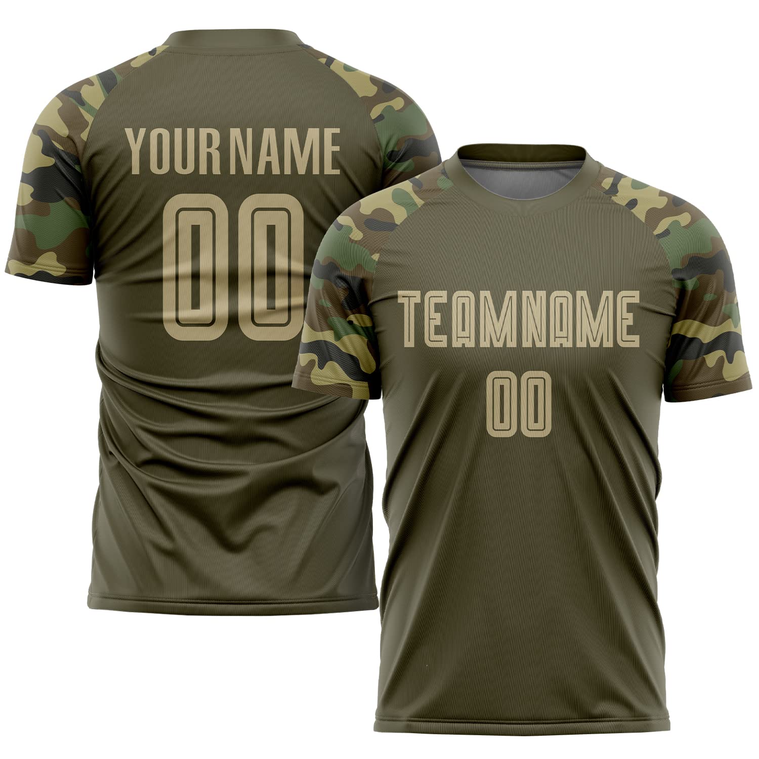 Personalized Olive Soccer Shirts Printed Team Name Number Logo Custom Football Practice Uniform with Camouflage Short Sleeve Make Your Own Sports Fan Athletic Jersey Set for Men Women Kids Boys Girls