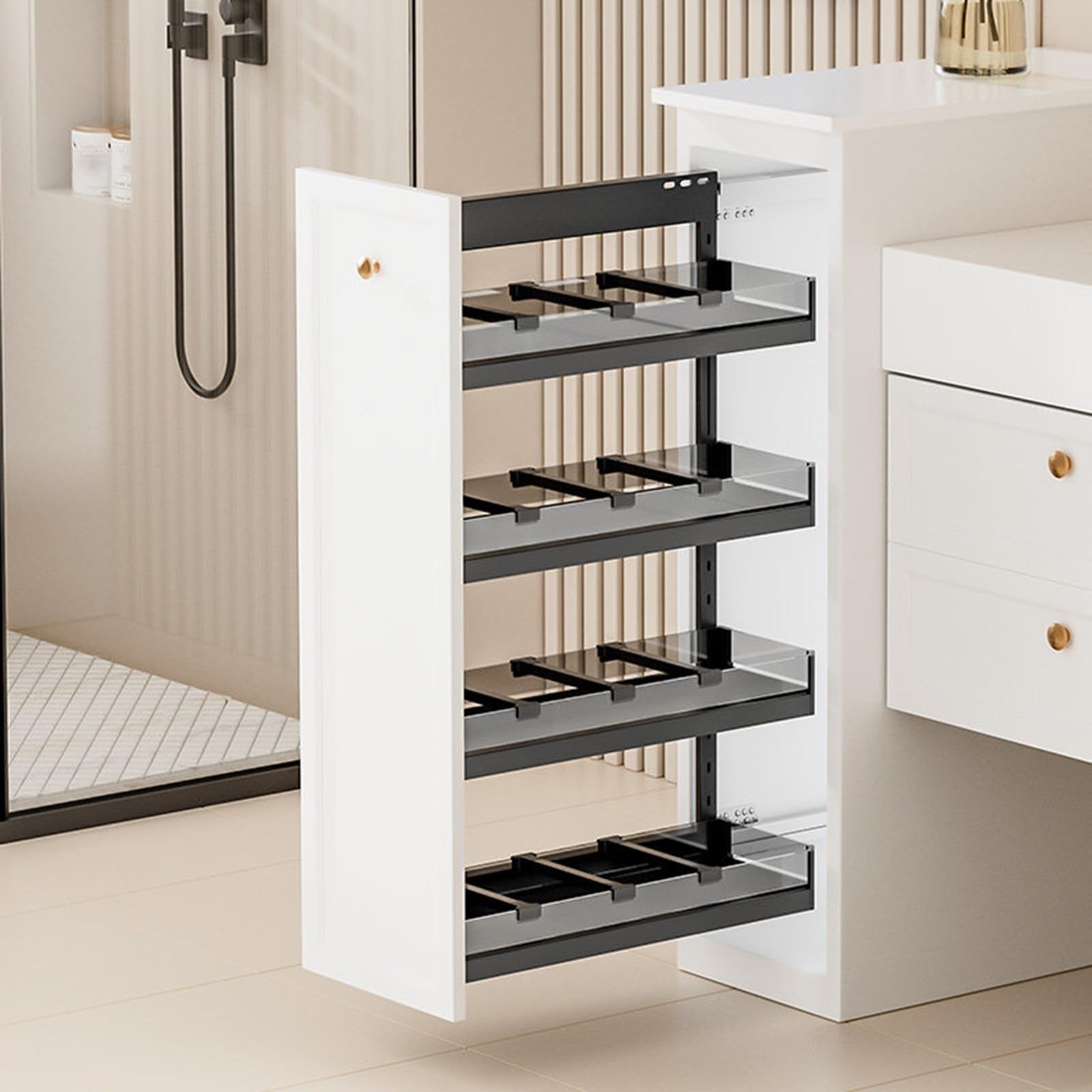 Scaffale sottile da cucina estraibile per armadi, soluzione di archiviazione scorrevole per bagno e comodino, mensola a 4 ripiani (25 x 47 x 88 cm)