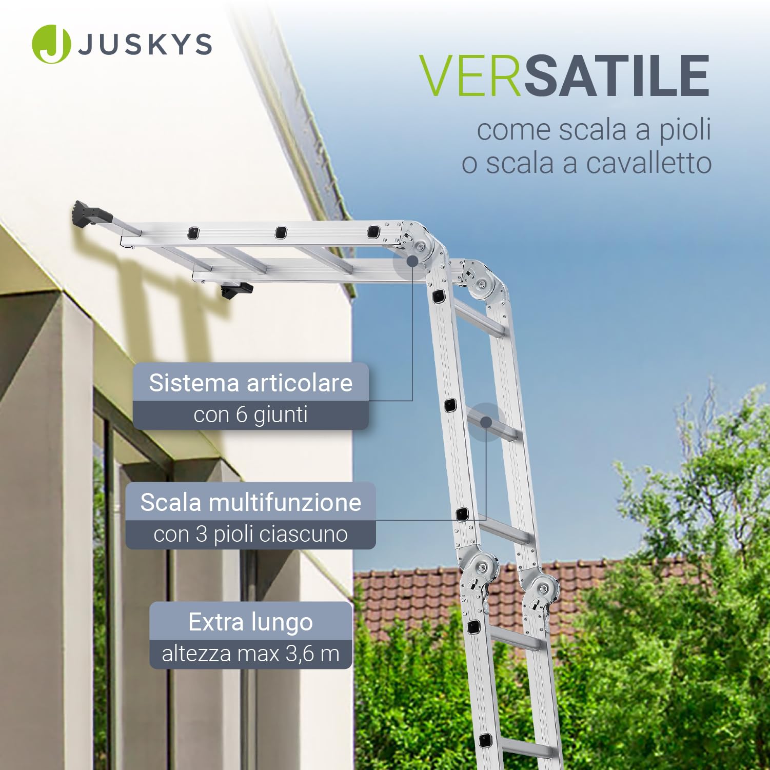 Scala multifunzionale pieghevole in alluminio Juskys 3x4 gradini, 3,6 m, portata fino a 150 kg – snodabile in 4 pezzi