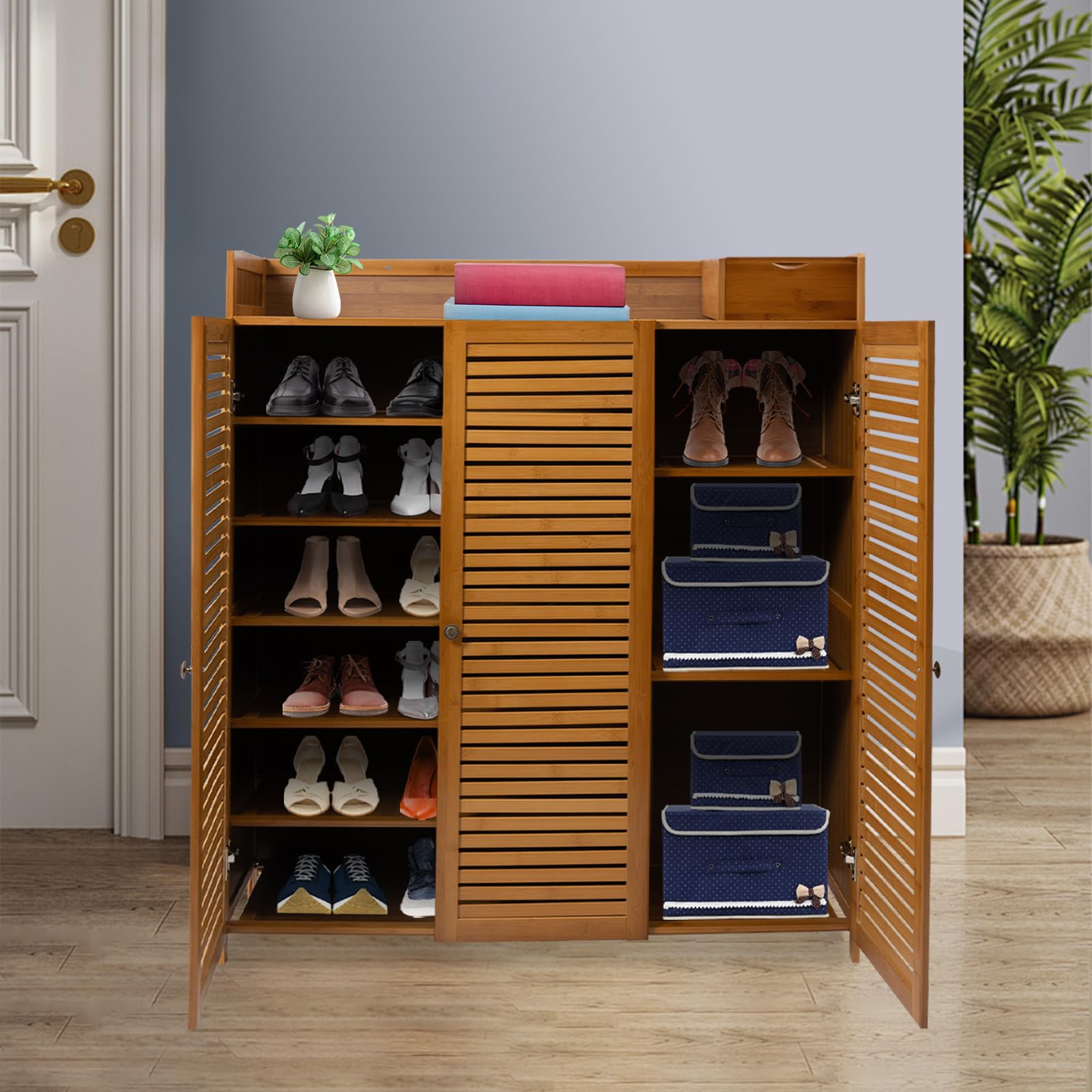 Scarpiera portaoggetti per Letteratura con Ante a persiana, 30 Paia di Scarpe, con Ripiani, Stile Rustico Boho, in Legno, per Ingresso, corridoio