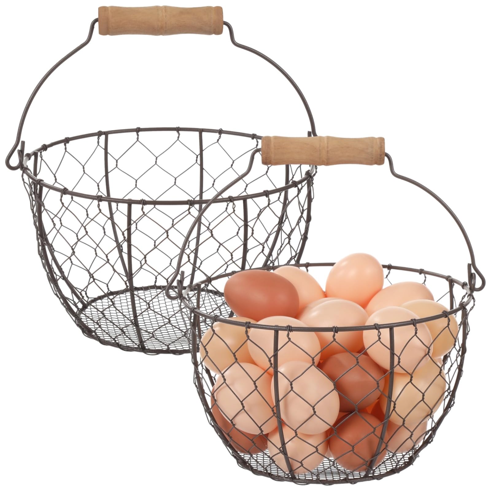 2 Pcs Wire Egg Baskets, Farmhouse Chicken Egg Collecting Baskets, Rustic Metal Eggs Storage with Wooden Handle, Stackable Fresh Egg Holders for Fruits, Vegetables, Sundries