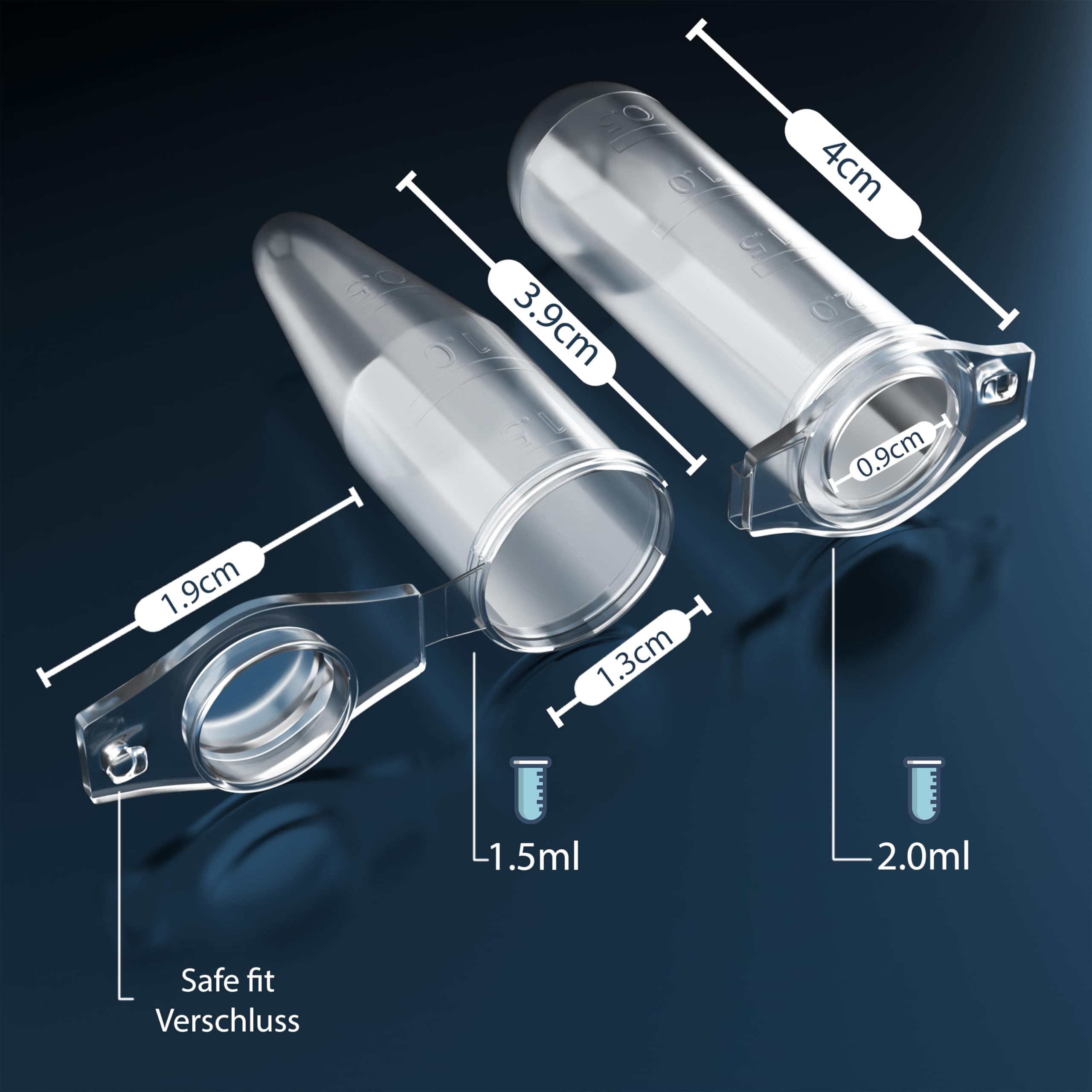 Lot de 100 récipients de réaction 2,0 ml - Tubes de centrifugeuse - Capsules en tissu étanches et étanches - Tubes d'échantillons pour laboratoire, échantillons, granules et recherche
