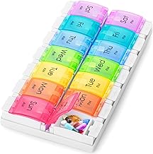 Pill Box Organiser (Rainbow), 7-Day 2 Times a Day Medicine Storage Case w/Spring Opening & Detachable Compartments, Weekly Tablet Pills Container for Vitamins, Supplements & Travel Medication