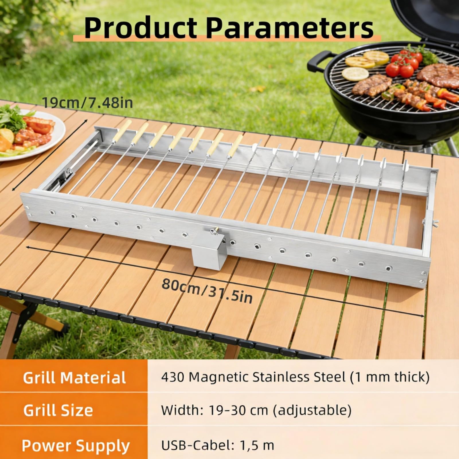 Elektryczny grill obrotowy ze stali nierdzewnej, regulowany obszar gotowania 16-30 cm, USB, automatyczny ruszt do grillowania, grill na węgiel drzewny, na piknik, imprezę ogrodową, do domu, na