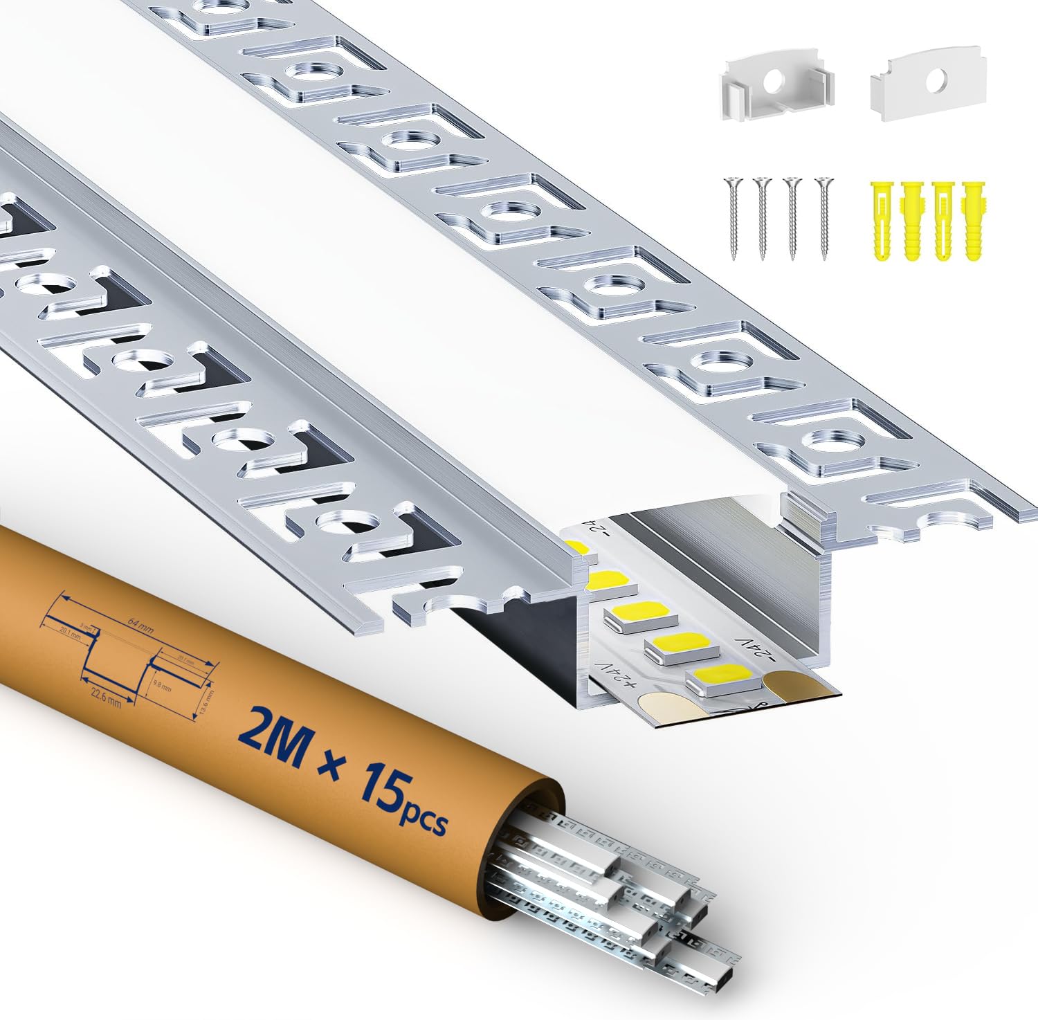 Profil aluminiowy do taśm LED, 2 m x 15 sztuk, 30 m, z matową pokrywą, wymiary 28 mm x 13,8 mm (otwór 64,2 mm), obsługuje taśmy LED o szerokości nieprzekraczającej 20,2 mm SP44