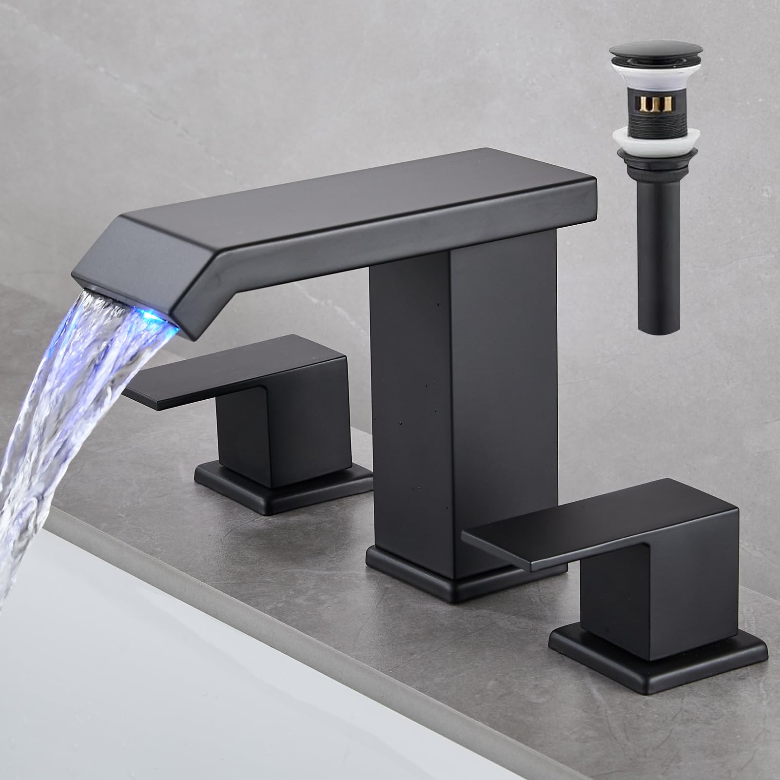 LOOPAN LED Light Widespread Bathroom Faucets for Sink 3 Hole Black Waterfall -Bathroom Faucet with Pop-up Drain Assembly, 8 Inch Bathroom Sink Faucet 2-Handles,Modern Lavatory Vanity Faucet