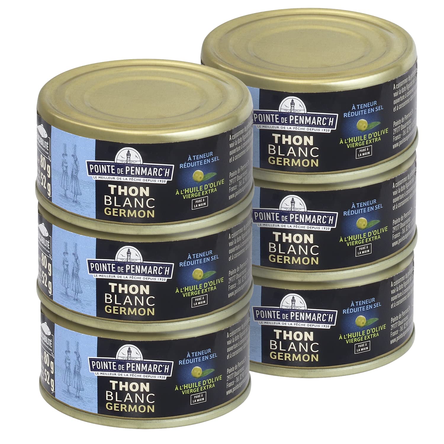 Thon blanc germon à l'huile d'olive à teneur réduite en sel Pointe de Penmarc'h le lot de 6 boîtes de 80 g - Livraison en 2 à 3 jours ouvrés depuis la Bretagne