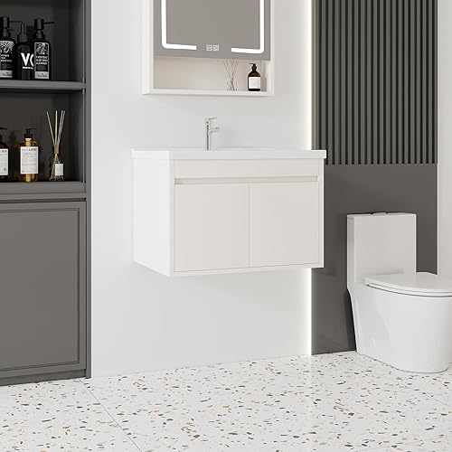 Miniatura 172 de Tocador de baño de 20 pulgadas con lavabo de cerámica, tocador de baño pequeño montado en la pared con puerta de cierre suave, gabinete flotante