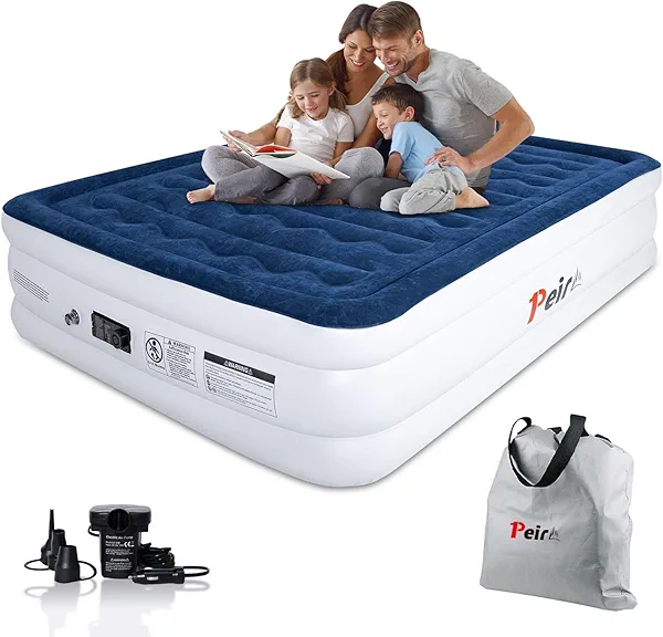Air Mattress Queen with Built in Pump, 18" Inflatable Mattress Quick Self Inflatable/Deflation in 3 Mins Blow Up Mattress, Foldable Blow Up Bed Comfort Floked Top Airbed for Home, Camping, Guests