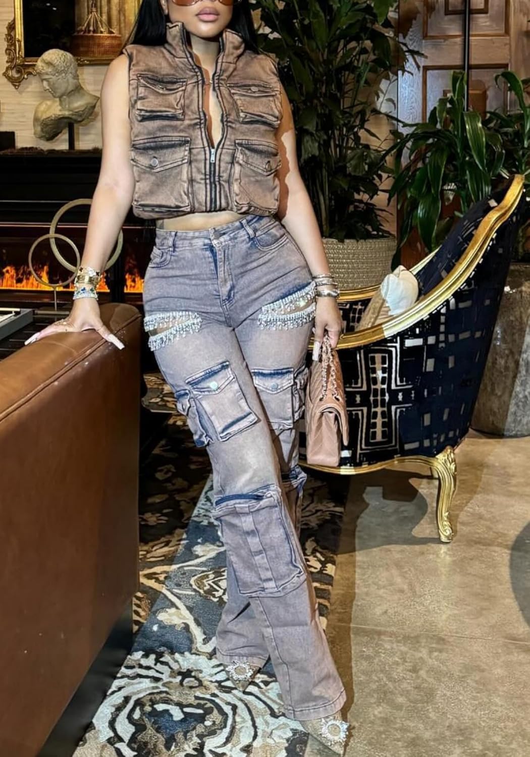 Unybwonn Women Rhinestone Cargo Jeans High Waisted Baggy Sexy Sparkly Cut Out Ripped Distressed Stretchy Denim Pants - Image 2