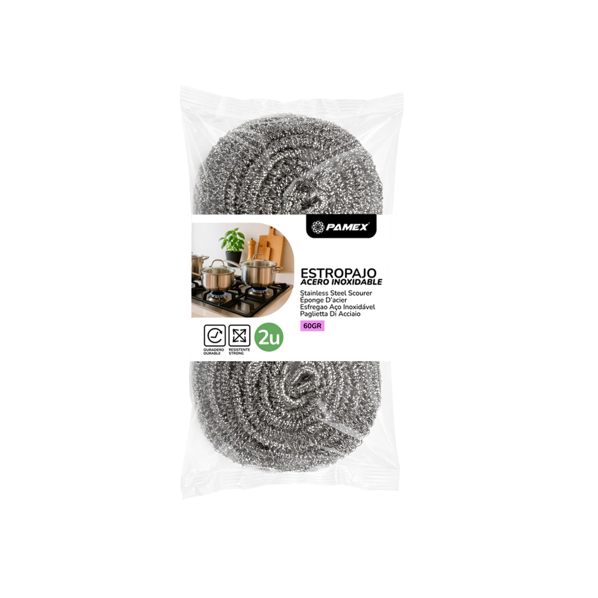 Pamex - Estropajo Acero Grande 60g Arranca Suciedad Nanas - 24 Sets de 2 Unidades (48 Estropajos)