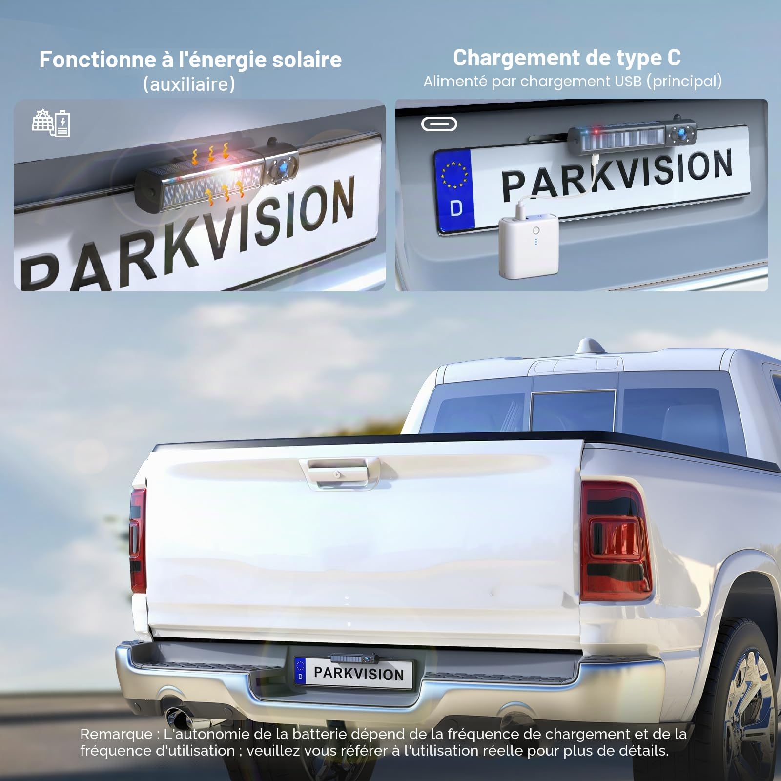 PARKVISION Caméra de recul Solaire sans Fil, caméra arrière avec écran FHD 5", Batterie Rechargeable de 5000 mAh, Caméras de recul pour Voiture, Aide au stationnement DIY caméra de stationnement