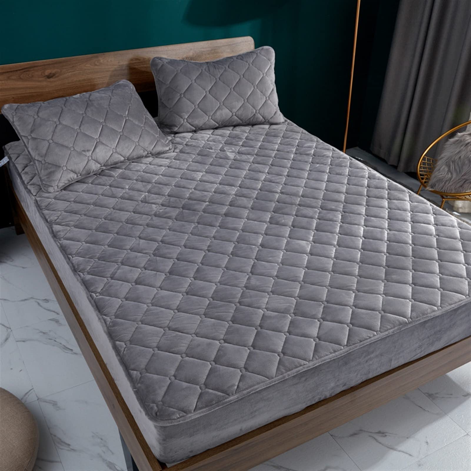 Gesteppte Matratze Pad Protector Atmungsaktiv Solide Farbe Elastische Bettlaken Crystal Velvet Twin Matratze Abdeckung Bettdecke (Farbe : Grau, Größe : 200x220cm)