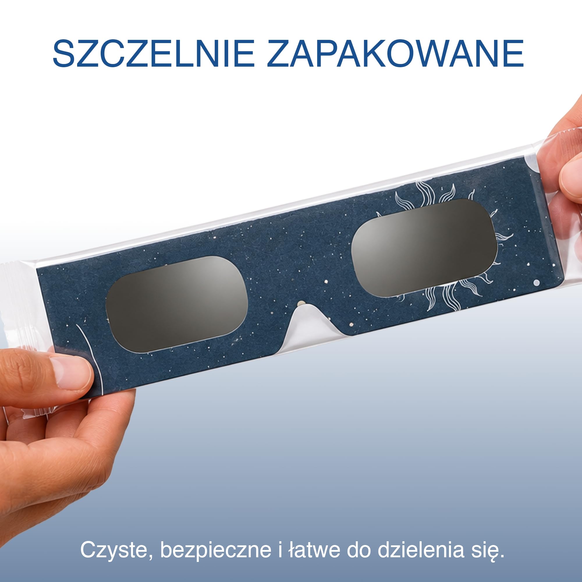 Zestaw 2/6/12/50 szt., Okulary do obserwacji zaćmienia Słońca, Oprawka 45 mm, Pasują na okulary korekcyjne, Test EN ISO 12312-2:2015, Oznaczenie CE do bezpiecznej obserwacji Słońca