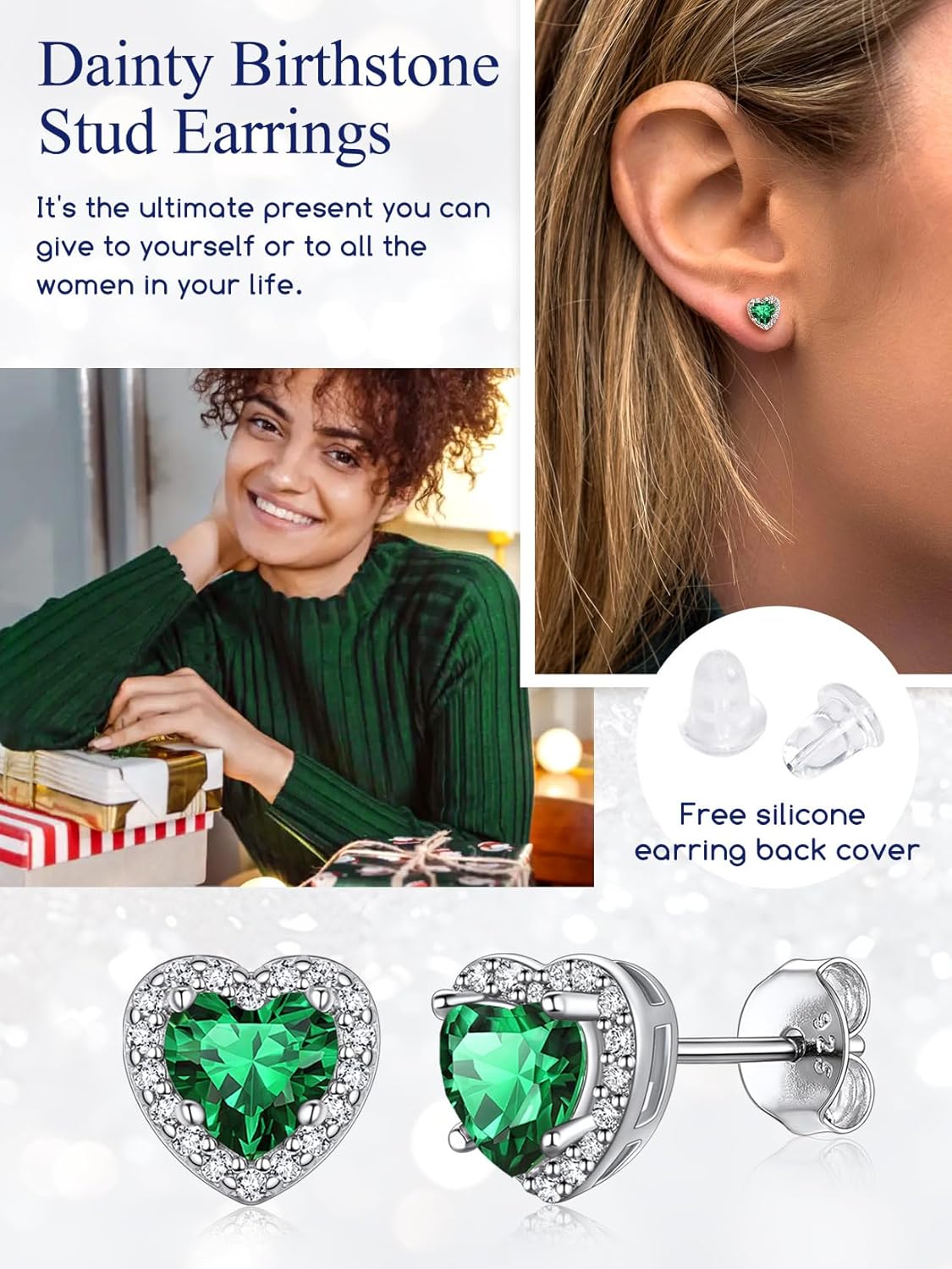 Suplight 925 Sterling Silver Birthstone Earrings Stud Round/Heart/Teardrop/Square Crystal Earrings for Women, Diamond Silver Earrings Dainty Gifts for Women Birthday Unique Minimalist Jewelry