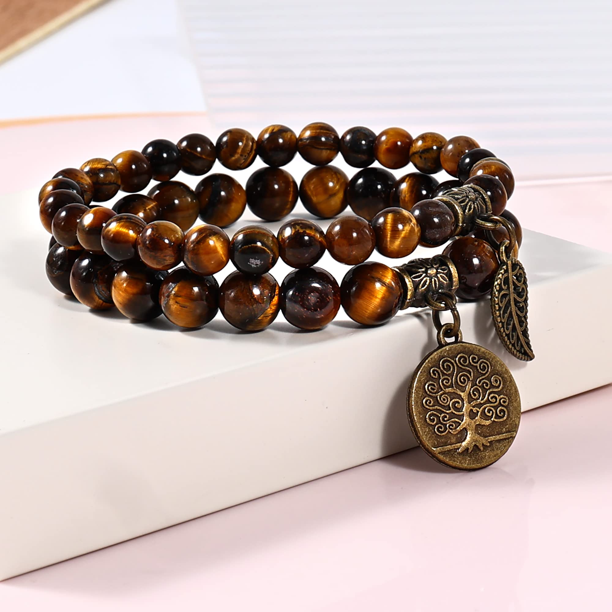 Farfume Braccialetti Chakra da donna - Bracciale con cristalli di pietre curative per donna Bracciale con pietre preziose naturali - Un set di braccialetti con doppia perla
