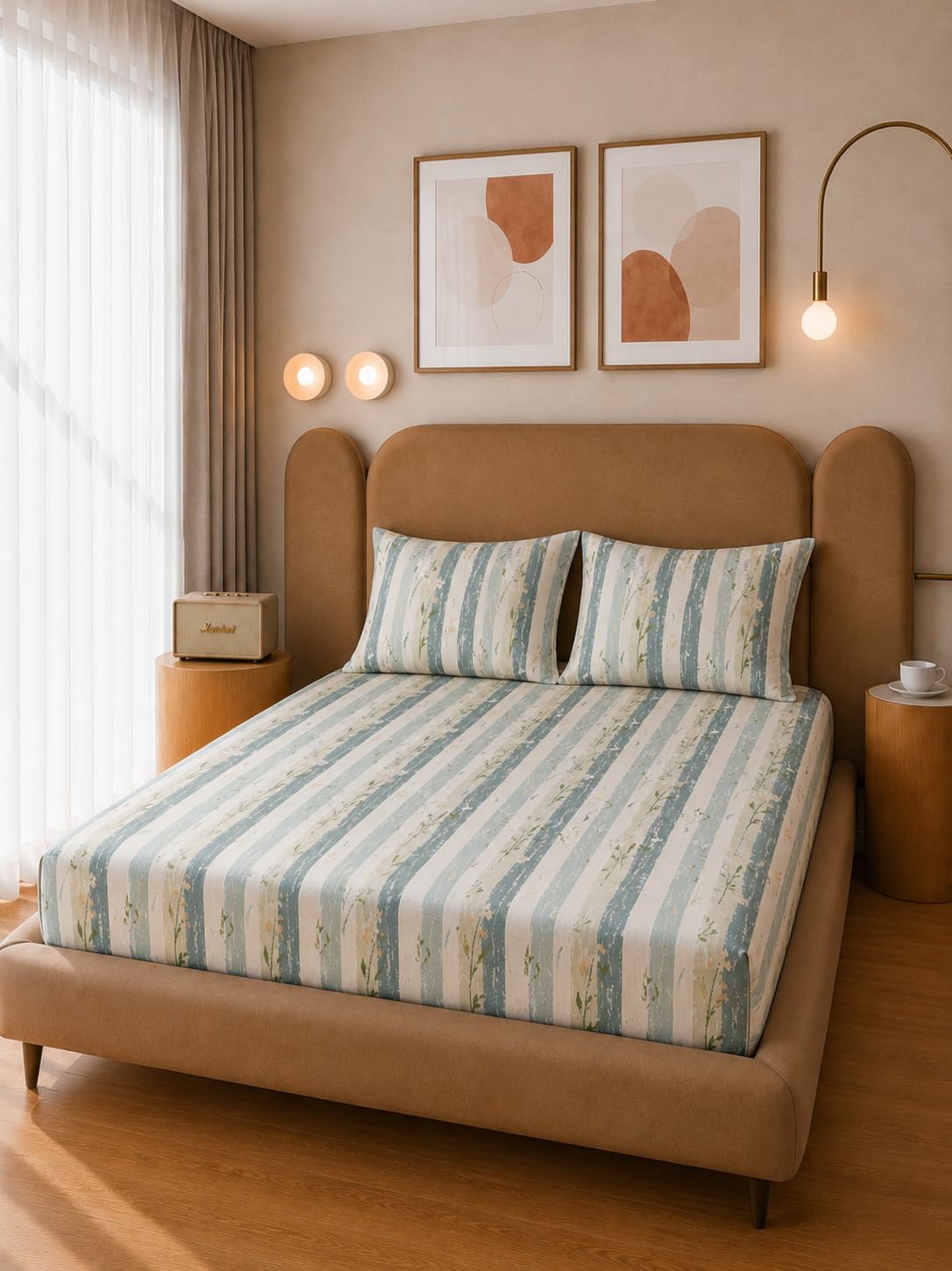THE HOME STYLE Cotton Feel Glace Cotton Elastic Fitted Printed Queen Size Double Bed Bedsheet with 2 Pillow Cover Fits Upto 8 Inches Mattress, 300TC (60"x78", Willow Florelle)