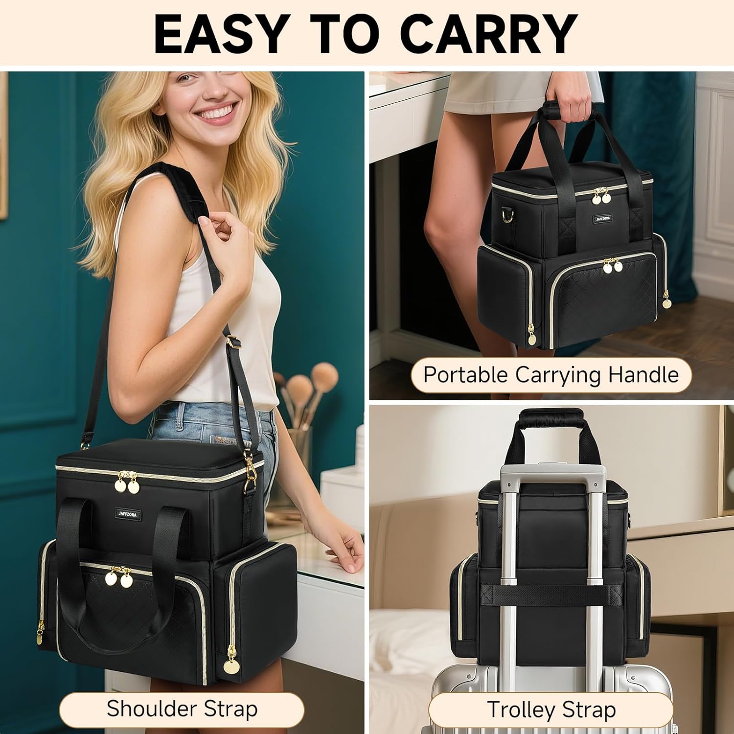 Extra Large Makeup Bag with 3 Removable Cases, Double Layers Travel Cosmetic Storage Organizer Bag with Detachable Dividers, Black - Image 4