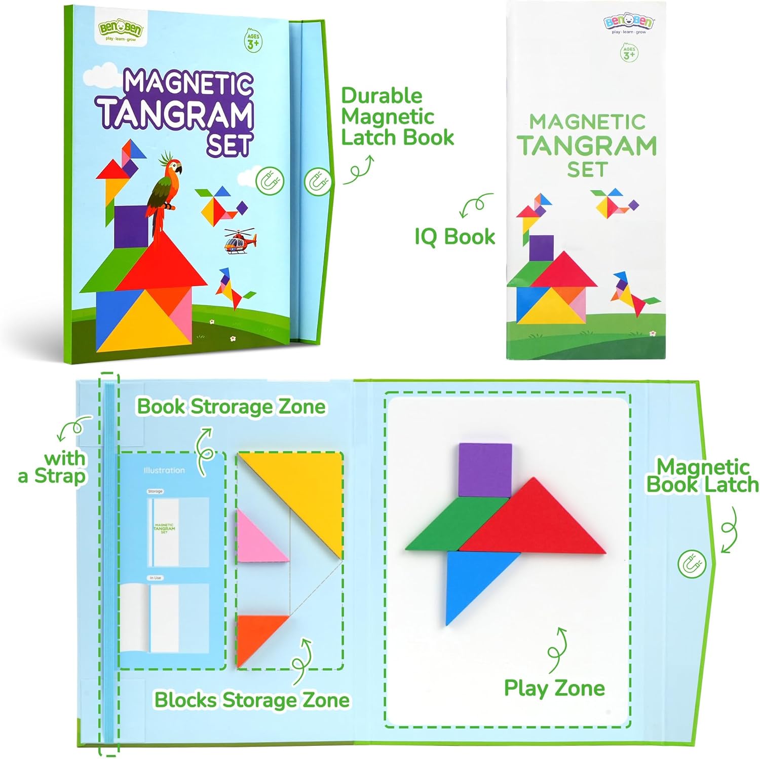 BenBen Travel Tangram Puzzle with Magnetic Wooden Shapes, Extra Large Dual-Sided Magnet Surface, Color Pattern IQ Book, Road Trip Car Plane Game, Educational STEM Travel Toys for Kids Adults