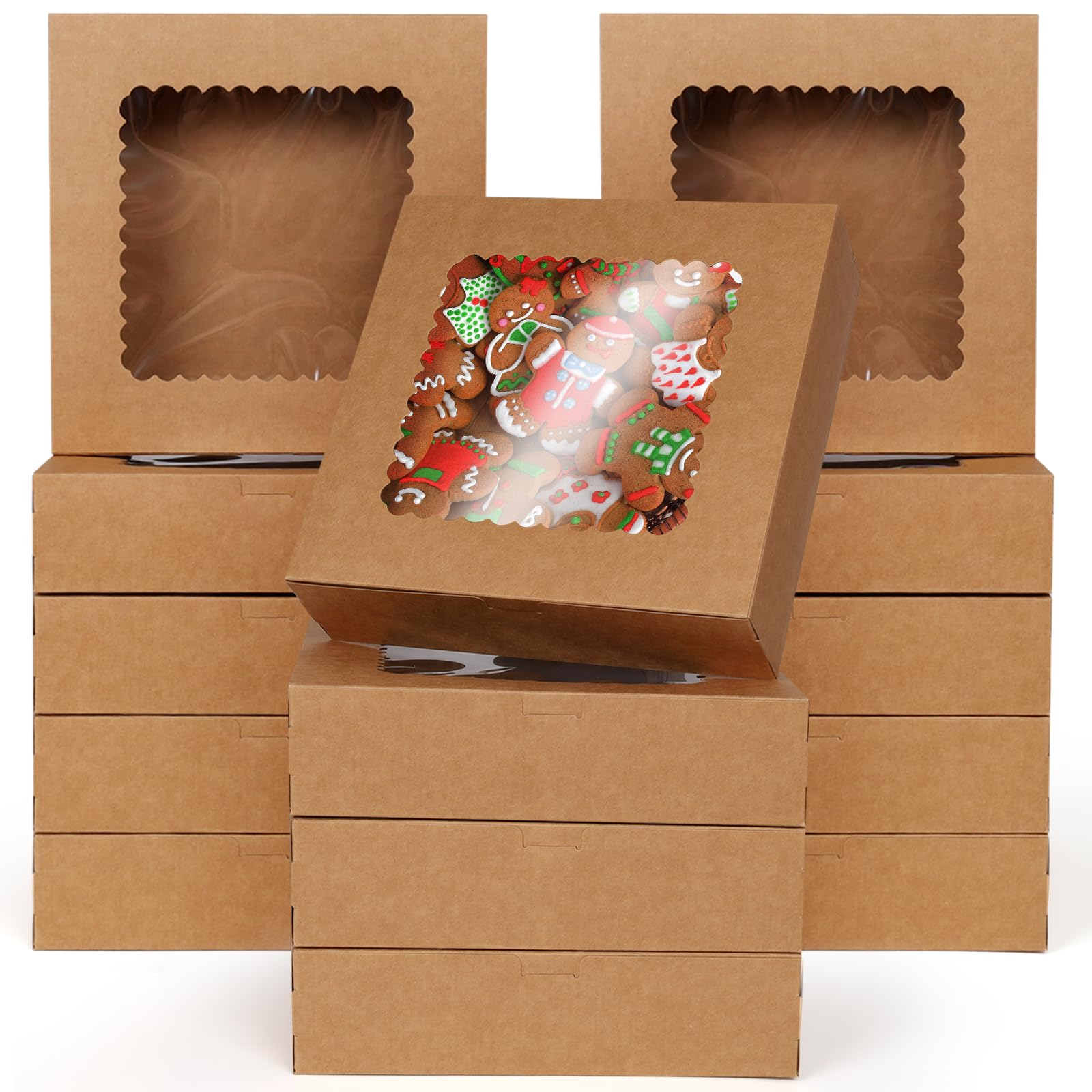 GXFCING 24 Pack White Bakery Boxes with Window, 20.4 x 20.4 x 6.4cm (8x8x2.5 inch) Cookie Boxes Square Packaging Box for Cookies, Cupcakes, Biscuits, Desserts, Pies, Party Favors