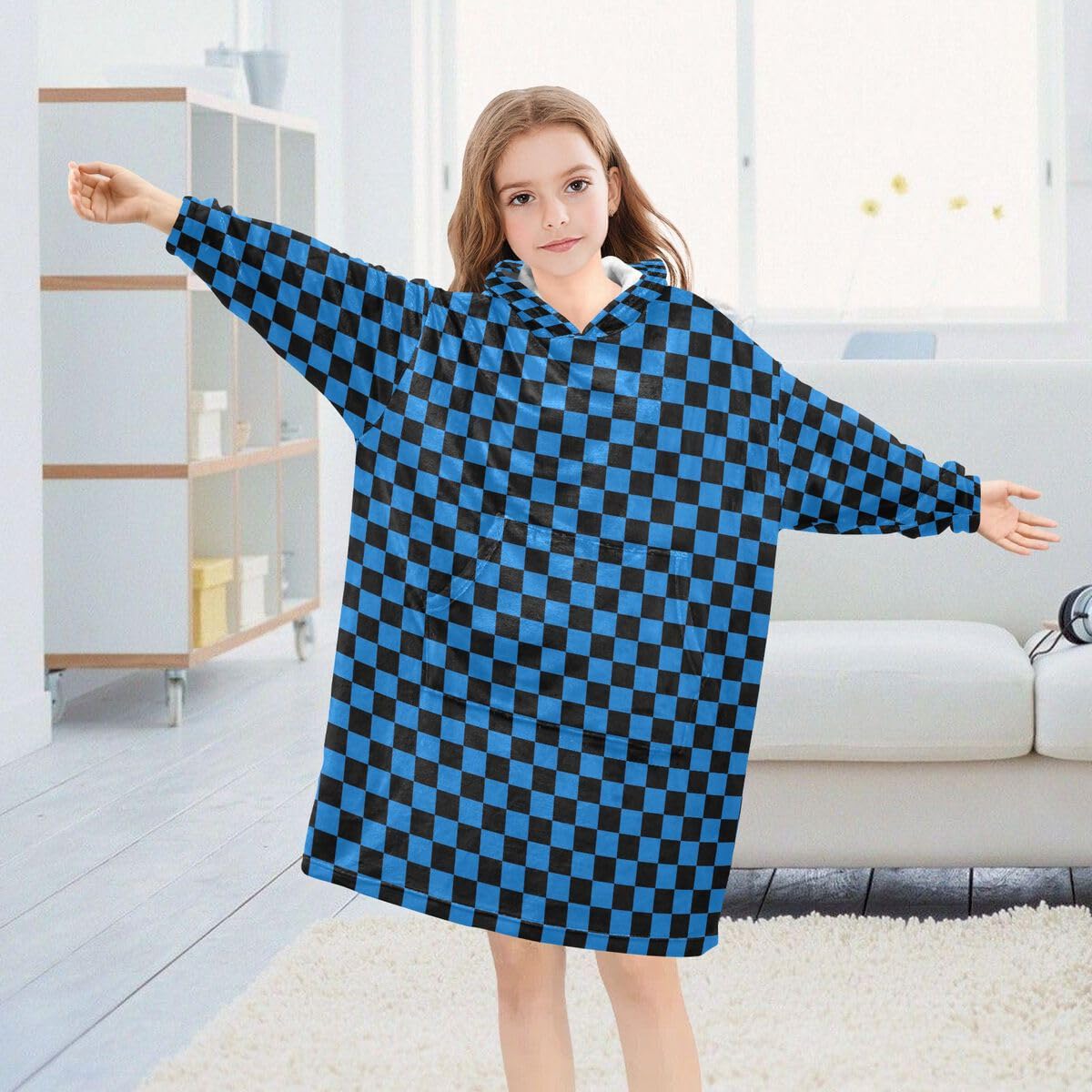 Niebieska szachownica dziecięca koc do noszenia bluza z kapturem oversize bluza koc sweter kratka dla chłopców i dziewcząt w wieku 3-14 lat