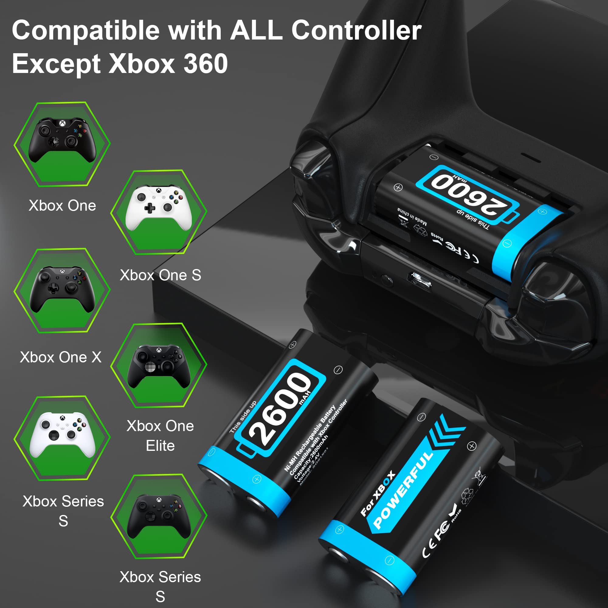 NOPWOK Batterie Manette Xbox, 2 Batteries 2600 mAh Compatibles avec Xbox One/One S/One X/Elite/Series X/Series S, 2 Battery Packs avec Chargeur câble Kits