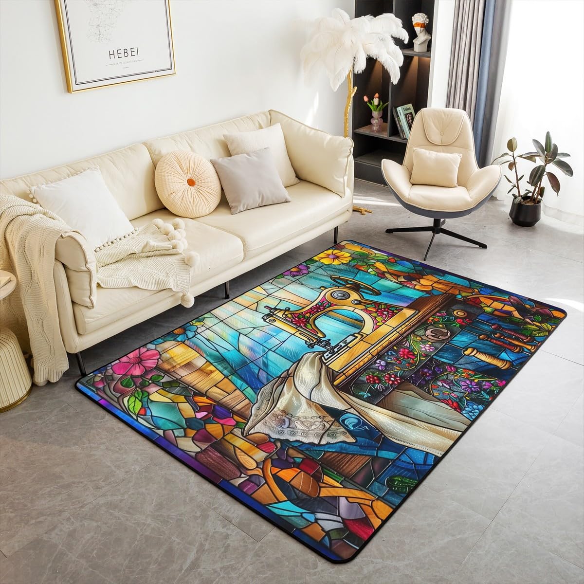 Tapis de salon patchwork thème couture occidentale en vitrail rétro