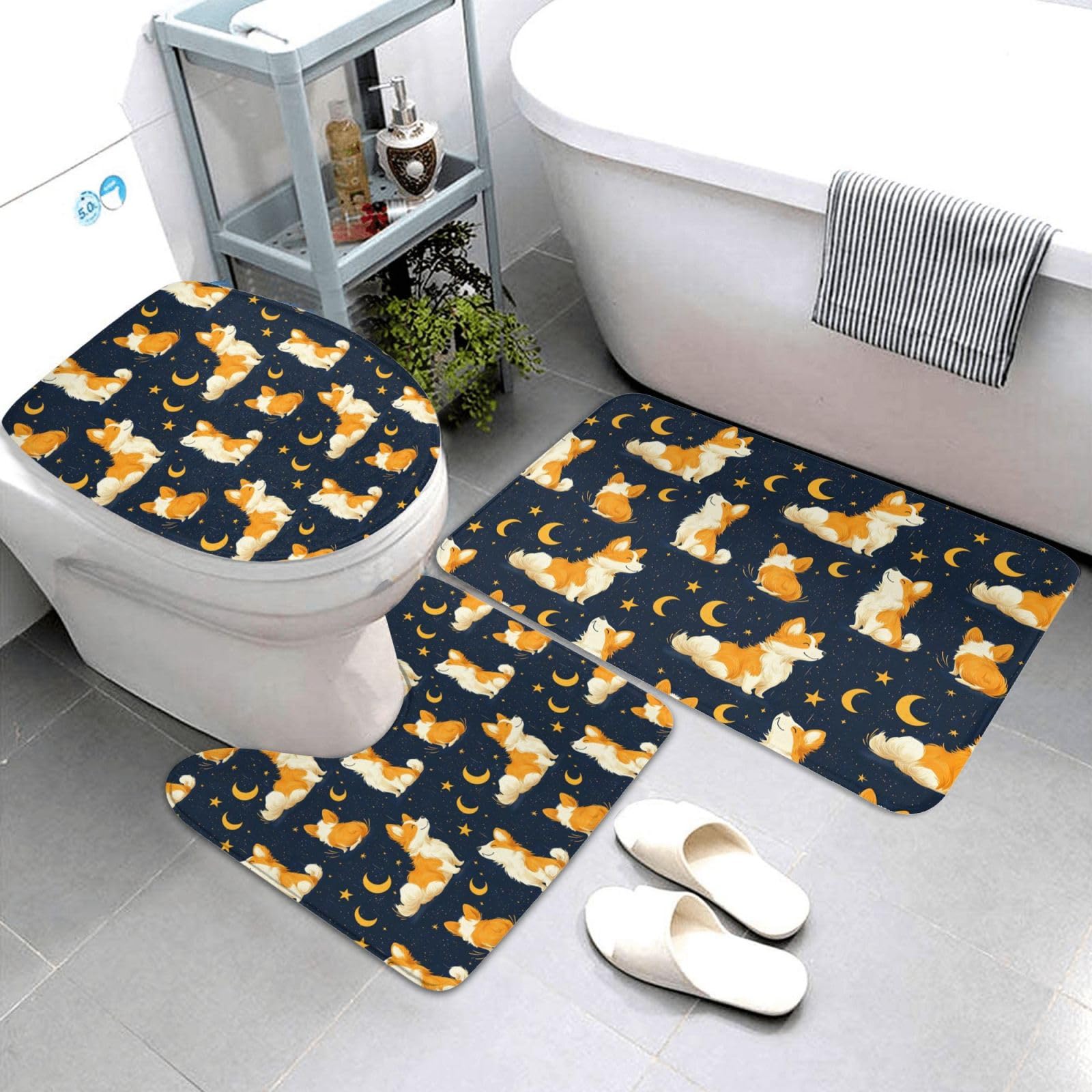 Tapis de salle de bain ensemble 3 pièces Corgi doux pour baignoire et WC