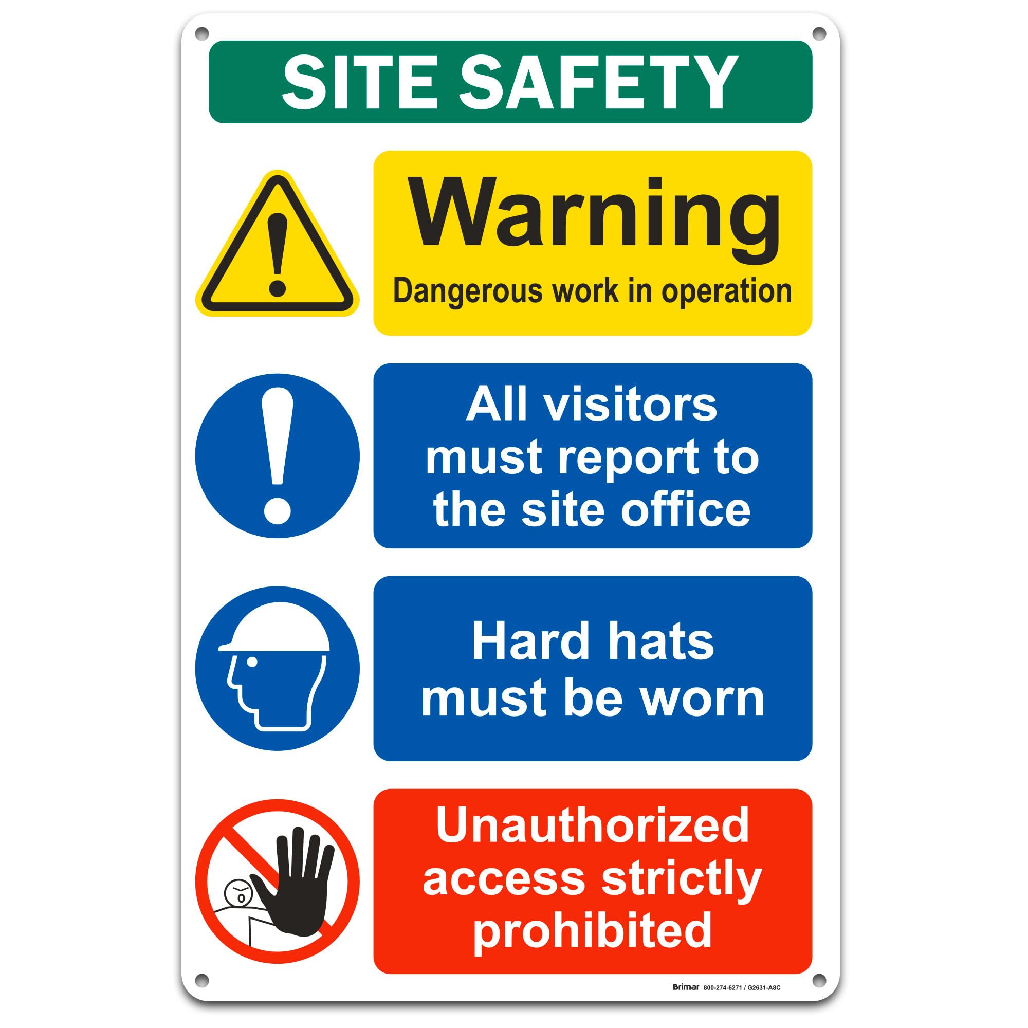 Brimar - 12" x 18" - Construction Site Safety Sign - .063″ White Rust-Free Aluminum - Bold Text - Easy Installation