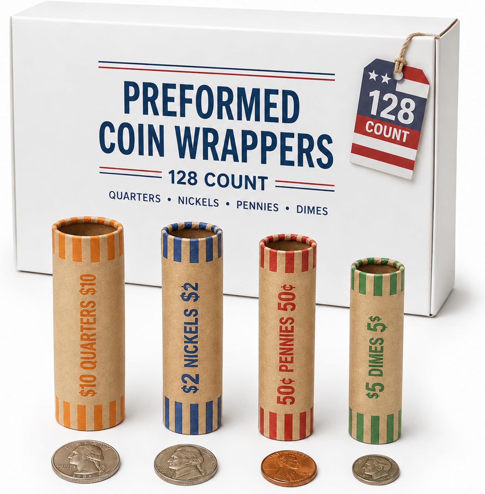 PM Company 128 Pcs Preformed Coin Wrappers Rolls Assorted ABA Color-Coded | Quarters, Pennies, Nickels, and Dimes Easy to use for Coin Counters, Offices, Banks & Retail Stores - Heavy Duty
