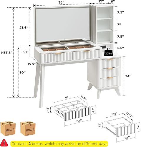 Miniatura 2 de T4TREAM Escritorio de tocador estriado de 48 pulgadas con espejo grande de 36 pulgadas y luces, moderna mesa de tocador grande con superficie de