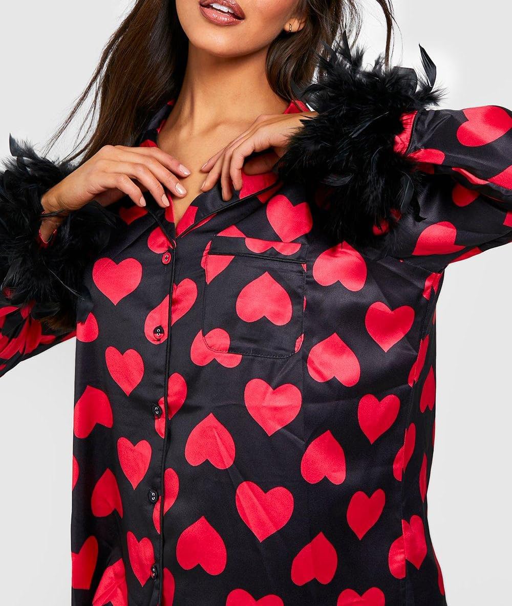 Women's Satin Silk Pajamas Sexy Feather Trim Long Sleeve Button Up Pjs Shirt Sleep Pajama Pants 2 Piece Lounge Sets - Image 4