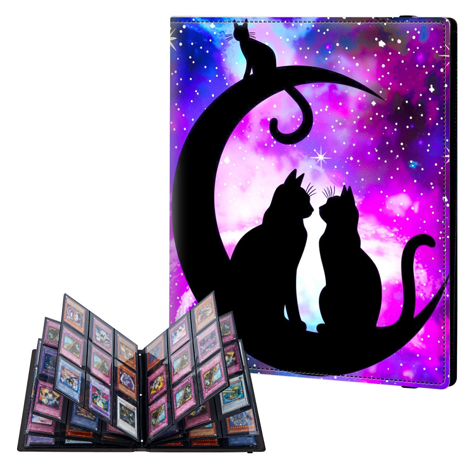 ETLKJVBL 9 Pocket Trading Card Binder, Card Collection Binder for TCG, MTG, Sports Cards, Baseball, Cats Sitting on Moon Trading Card Book Holder for Collectors, Top Loader Binder