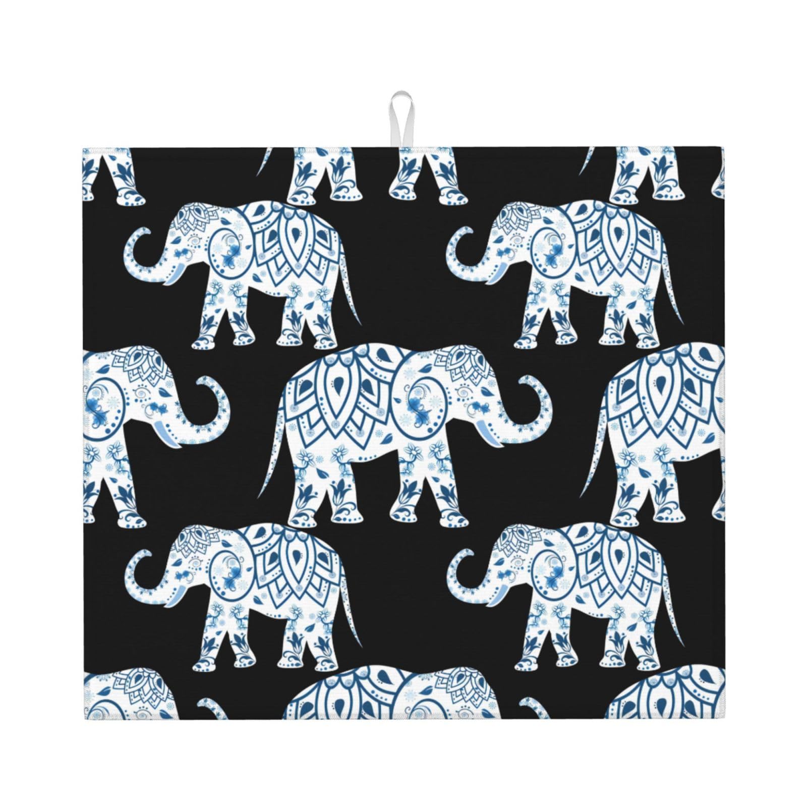 YYHWHJDE Elephant-Blue Black Prints Kitchen Drying Mat – Absorbent Microfiber Throw for Dishes, Non-Slip Counter Cover, Quick-Dry Layer with Durable Construction